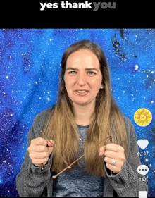 a woman is holding a pair of glasses in front of a blue background with the words yes thank you above her