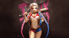 a girl in a harley quinn costume holds a baseball bat