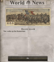 a newspaper with a picture of soldiers and the words " knock knock you woke up the romanians "