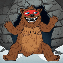 a cartoon drawing of a bear wearing a red mask with teeth