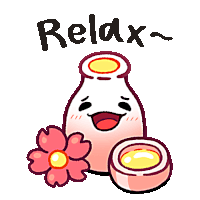 a cartoon drawing of a bottle with a flower and the words relax below it