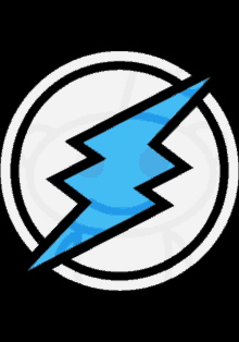 a blue lightning bolt is in a white circle on a black background