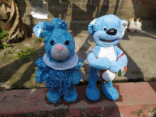 two blue teddy bears standing next to each other on a sidewalk