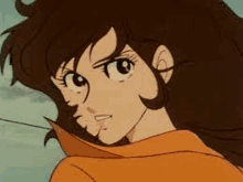 a close up of a cartoon character with brown hair and a scarf on her neck .