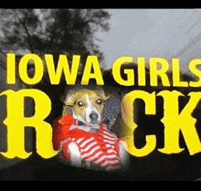 a small dog wearing a red white and blue striped shirt is standing in front of a sign that says iowa girls rock