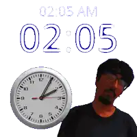 a man is standing next to a clock that says 2:05 am