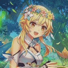 a blonde anime girl with a flower crown on her head .