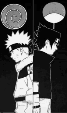 a black and white drawing of naruto and sasuke standing next to each other .