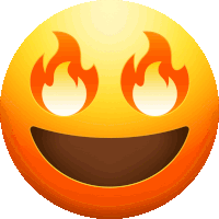 a smiling face with flames coming out of its eyes