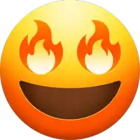 a smiling face with flames coming out of its eyes