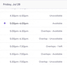 a screenshot of a schedule for friday , july 28 , showing that overlays are available and unavailable .