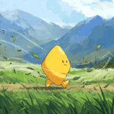 a cartoon drawing of a lemon walking in a field with mountains in the background