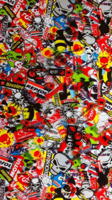 a colorful background with skulls and stickers including motul