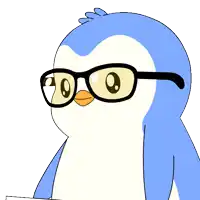 a penguin wearing glasses is holding a piece of paper with a 67 on it