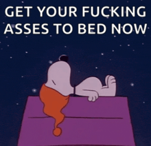 a cartoon of snoopy laying on top of a bed with the words get your fucking asses to bed now