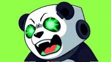 a panda bear with headphones on its head and green eyes .