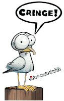 a cartoon of a seagull with a speech bubble that says " cringe "