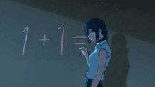 a girl is standing in front of a chalkboard with 1 + 1 = 1 written on it