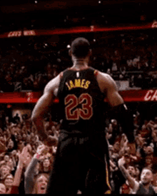 a man stands in front of a crowd in a stadium with a sign that says ' cavs win ' on it