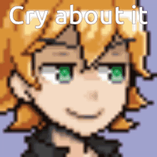 a pixel art drawing of a girl with the words cry about it above her