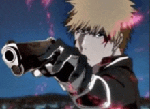 a bleach character is holding a gun in his hand .