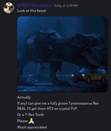 a screenshot of a t-rex tooth being appreciated by someone