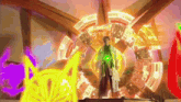 a man in a white coat is standing in front of a glowing circle with a green light coming out of it .