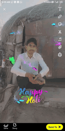 a man is kneeling down in front of a thatched building with the words happy holi written on it