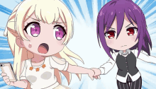 a girl with purple hair is holding the hand of another girl with blonde hair