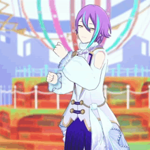 a girl with purple hair is standing in front of a ferris wheel