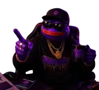 a purple frog wearing a purple pepe sweatshirt