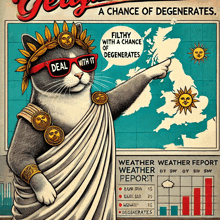 a poster of a cat wearing sunglasses and a laurel wreath says deal with it