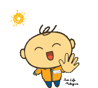 a cartoon character says hi in a speech bubble above his hand