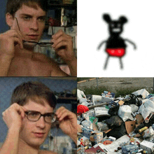 a man adjusting his glasses next to a pile of trash