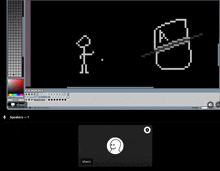 a computer screen shows a stick figure with a sword and the words speakers = 1