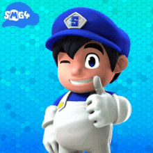 a cartoon character is wearing a blue hat and giving a thumbs up sign .