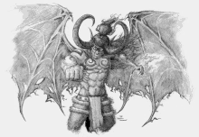 a black and white drawing of a demon with horns and wings by a person named tom