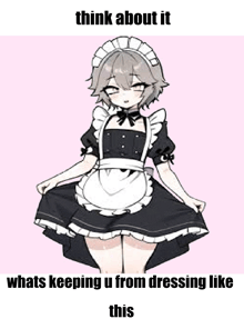a girl in a maid dress is holding her skirt up and making a meme .