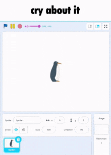 a computer screen shows a penguin and the words cry about it above it