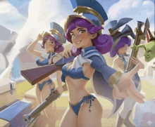 a painting of a woman in a bikini holding a gun