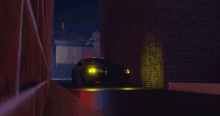 a police car is parked in a dark alleyway next to a brick wall