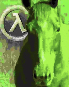 a green horse with a half life logo in the background .