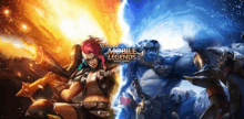 a poster for mobile legends shows two characters fighting each other .