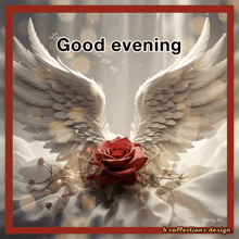 a card that says good evening with a red rose and angel wings