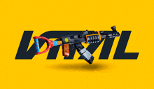 a rifle with a smiley face on it is on a yellow background