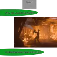 a screenshot of a boss message and a picture of a man holding a gun