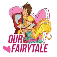 a cartoon of a boy and a girl hugging with the words our fairytale below them