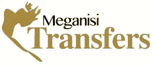 a logo for meganisi transfers has a silhouette of a woman on it