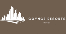 a logo for coynce resorts hotel with a city skyline in the background