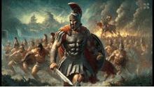 a painting of a spartan warrior holding a sword and shield